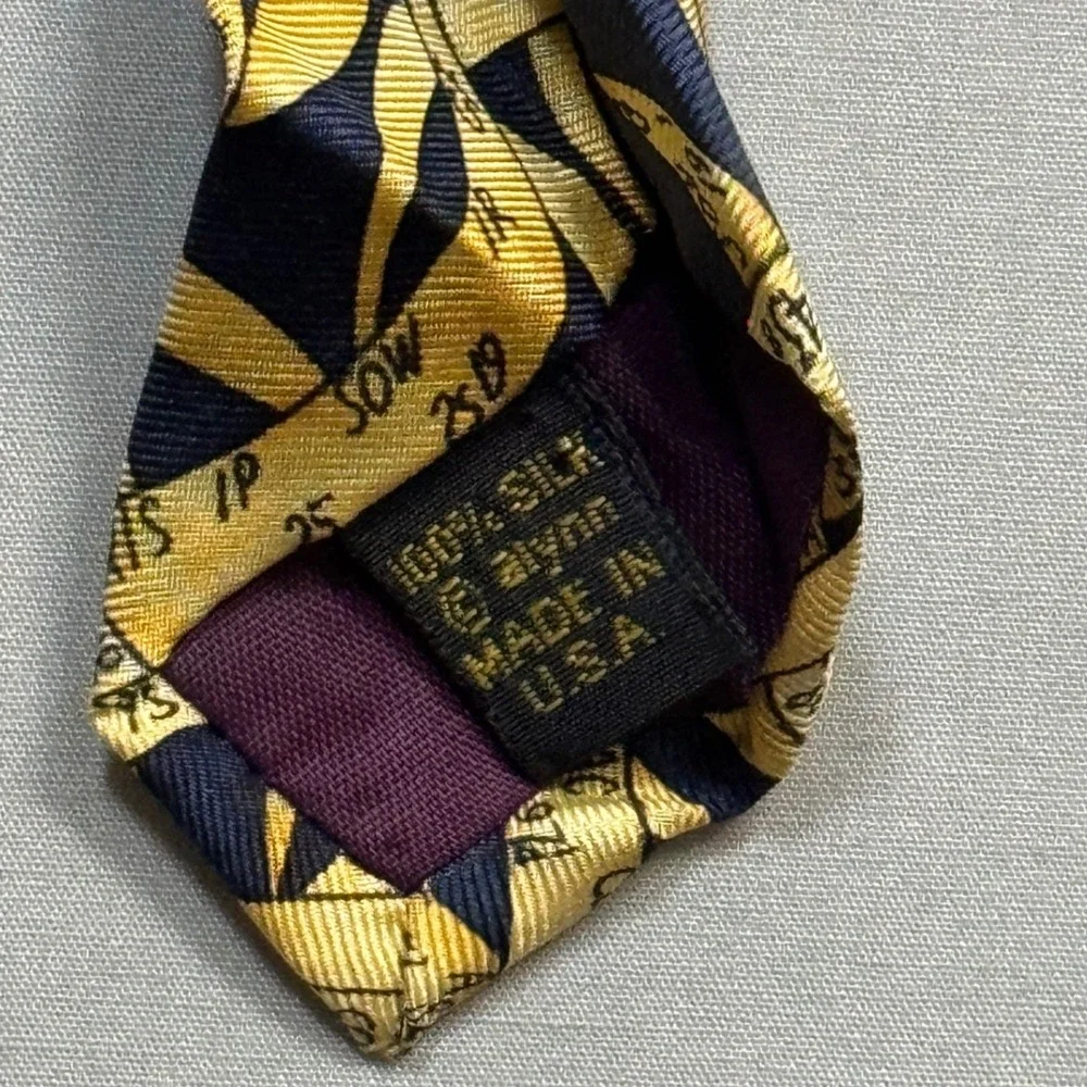 Alynn Neckwear Mens Vintage Ticker Tape Silk Tie Navy Blue Yellow Stock Market